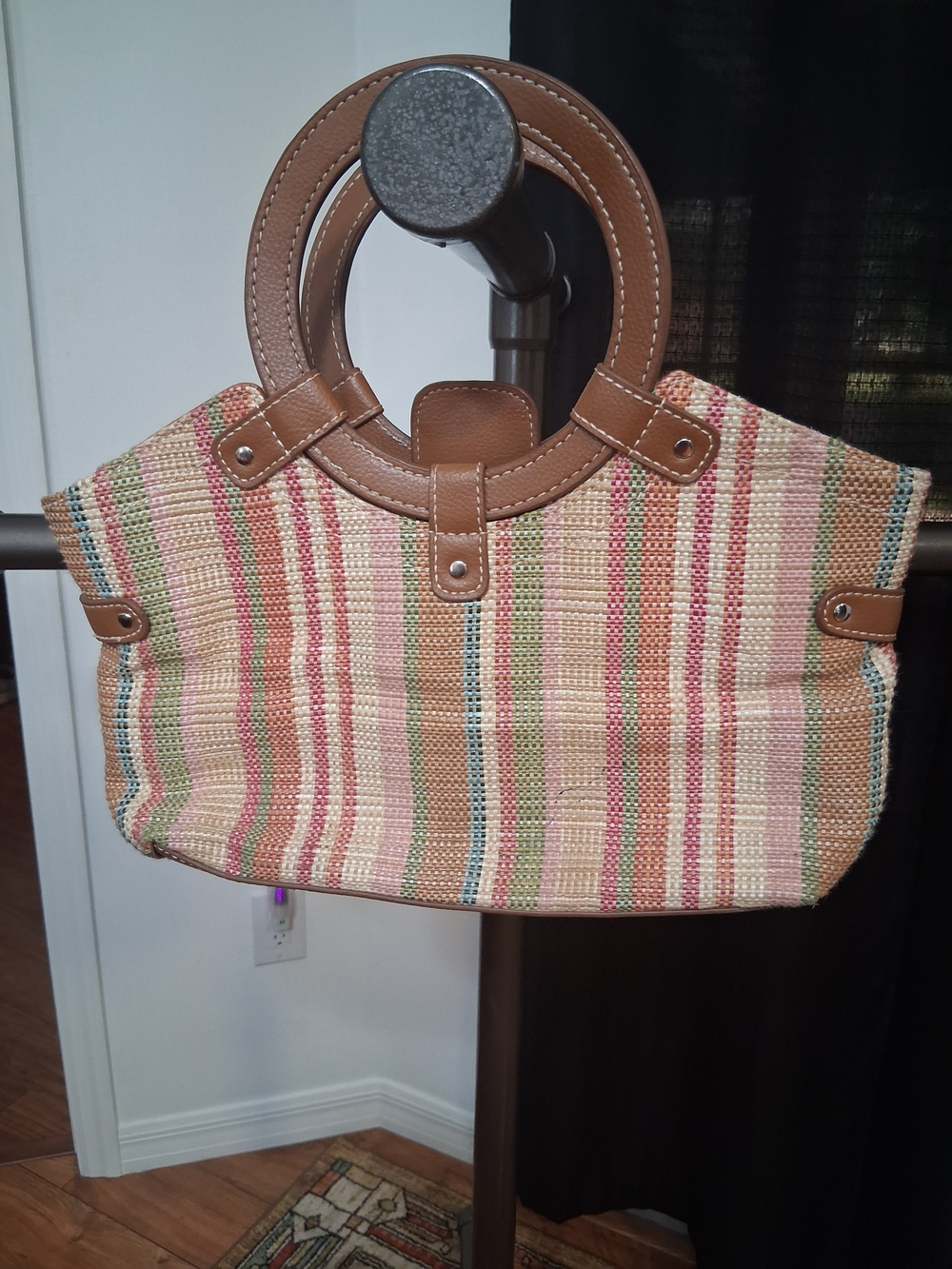 Bass Multicolor Striped Woven Tote with Brown Leather Handles